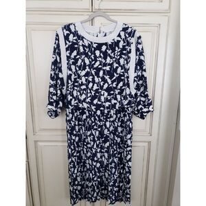 Leslie Fay Dress Floral Blue White Sz 14 Pleated Midi Long 3/4 Sleeves Shimmery